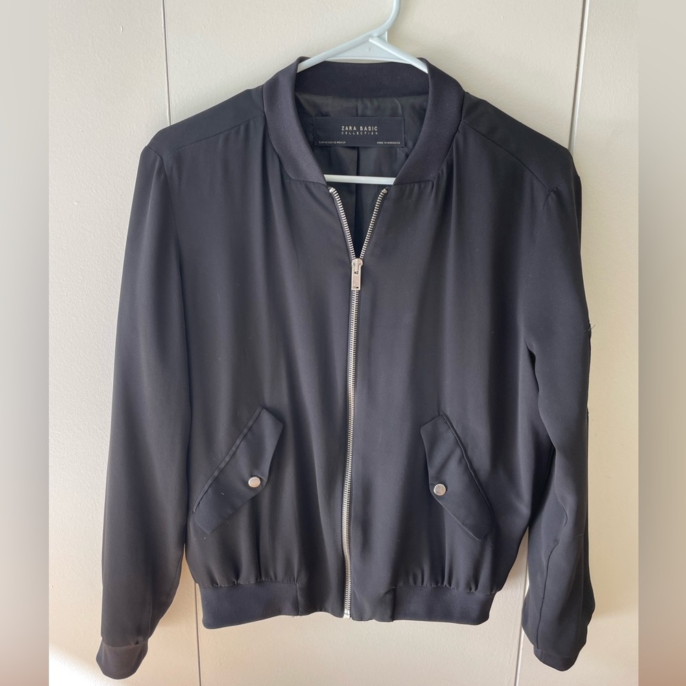 ZARA Black Lightweight Bomber Jacket w/ Silver Detail
